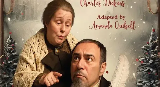 Vintage-style poster for “A Christmas Carol the Prequel” with two characters and a quill on a sepia background