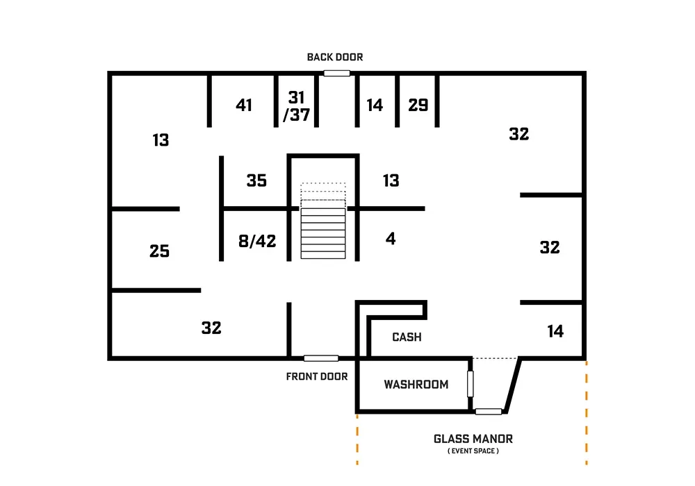 Black-and-white floor plan with labeled rooms and measurements, showing front and side entrances.