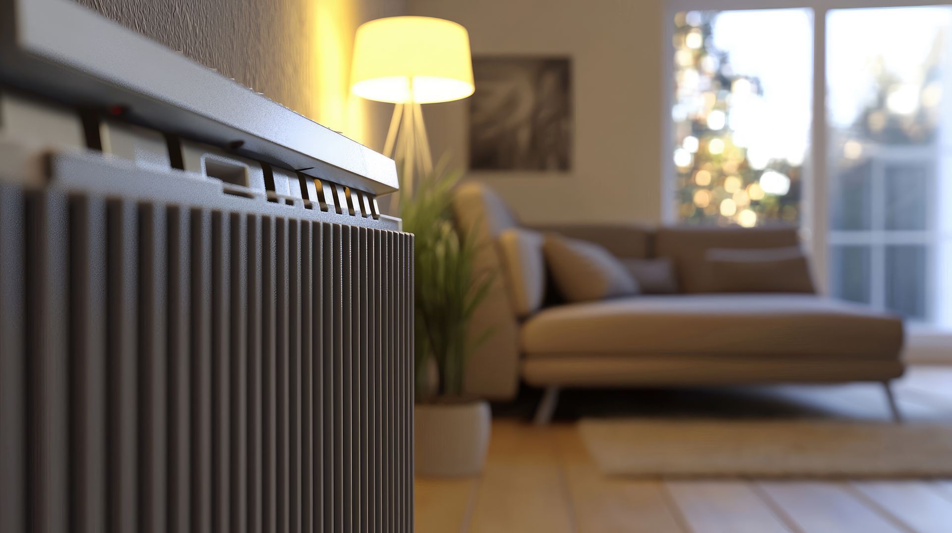 Radiator in focus, lit room with couch, lamp, and large window in the background.