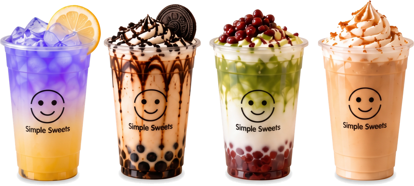 Four colorful iced boba drinks topped with whipped cream and fruit on a white background