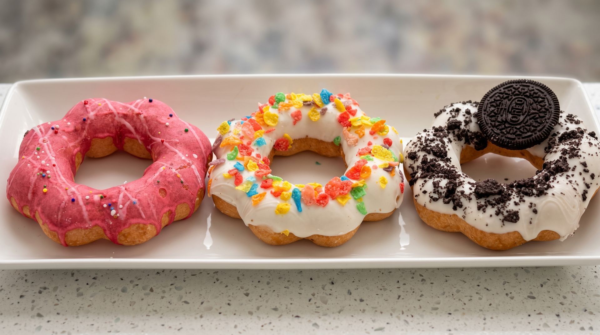 Three iced donuts on a white platter: pink with sprinkles, white with rainbow sprinkles, and chocolate with an Oreo cookie.