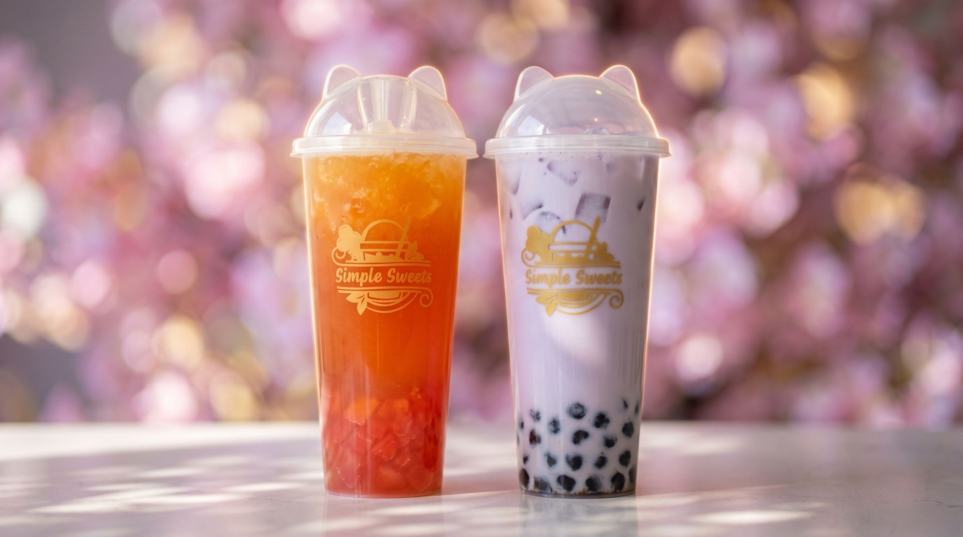 Two colorful bubble tea drinks with whipped cream and black tapioca pearls on a blurred pink background