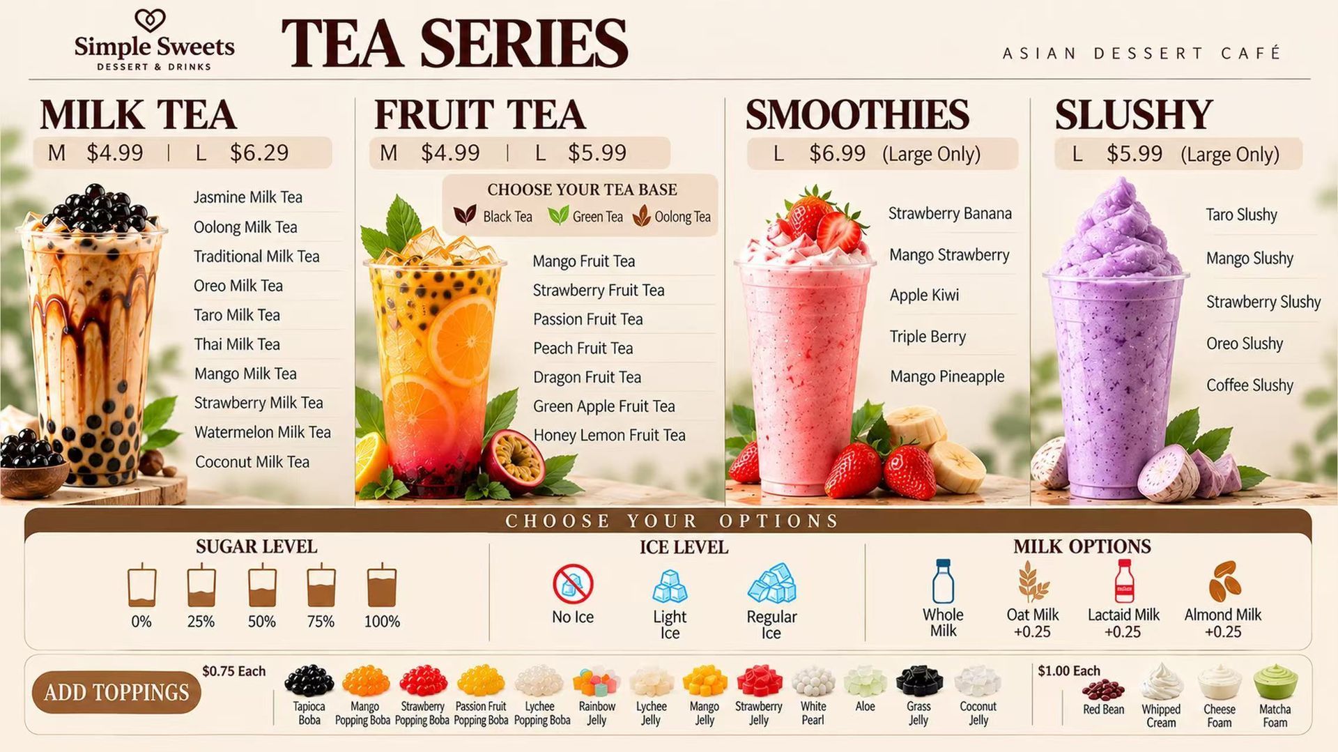 Tea series menu with milk tea, fruit tea, smoothies, and slushy drinks, each shown with colorful images.