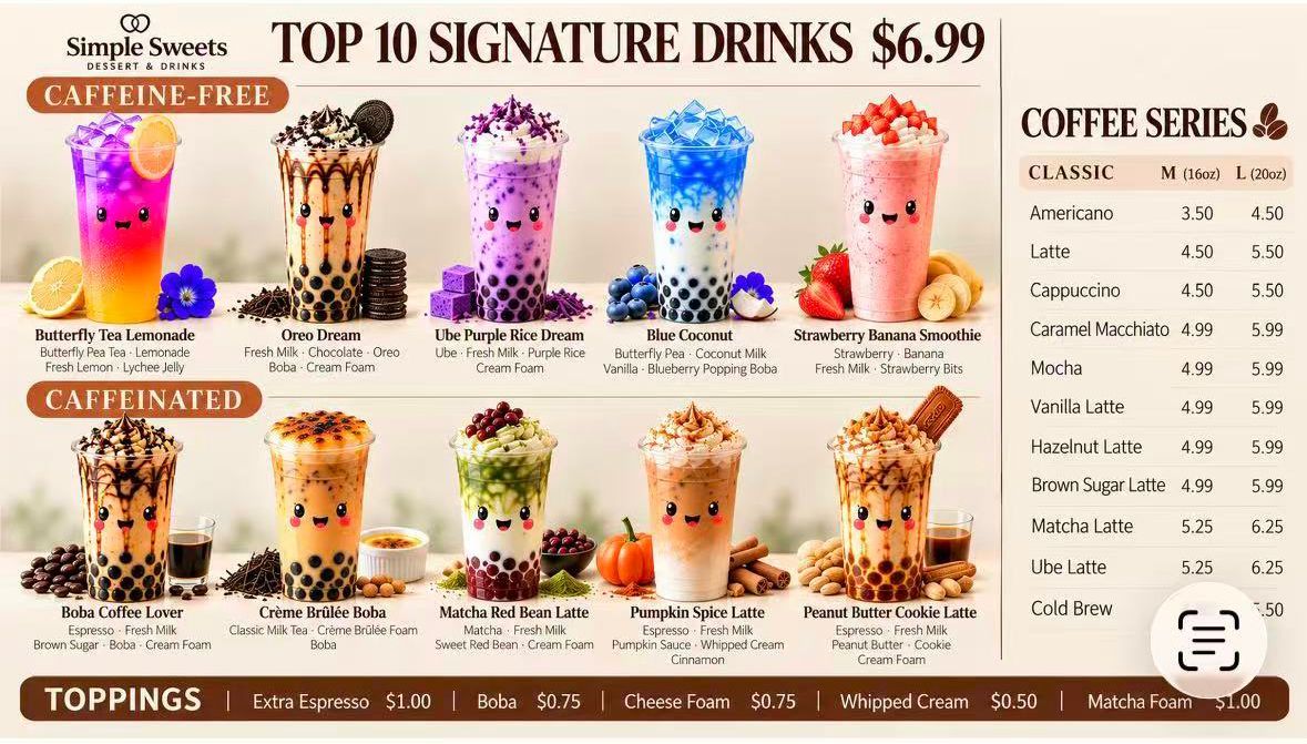 Menu board of signature coffee and bubble drinks with colorful toppings, priced at $6.99