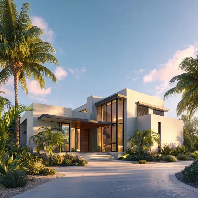 Modern, two-story house with glass walls and palm trees in a tropical setting.