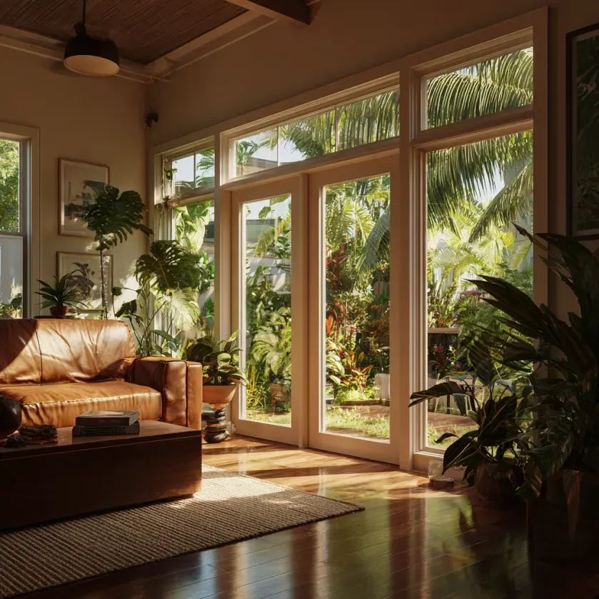 Living room with leather sofa, plants, large windows overlooking a lush garden.