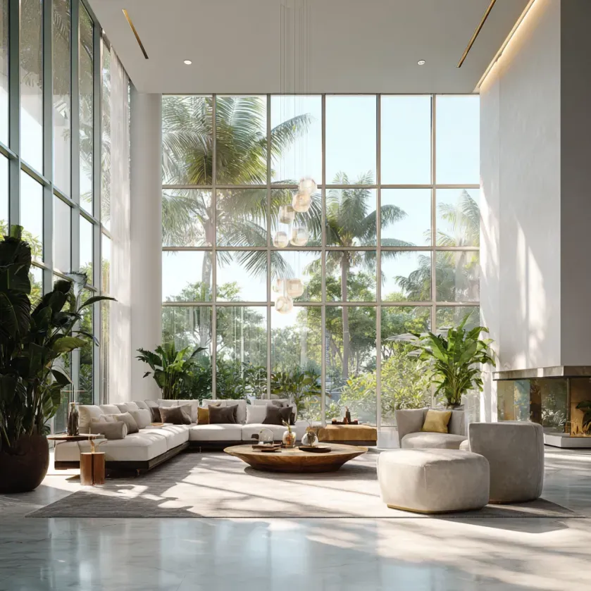 Modern living room with floor-to-ceiling windows, white walls, and lush greenery.