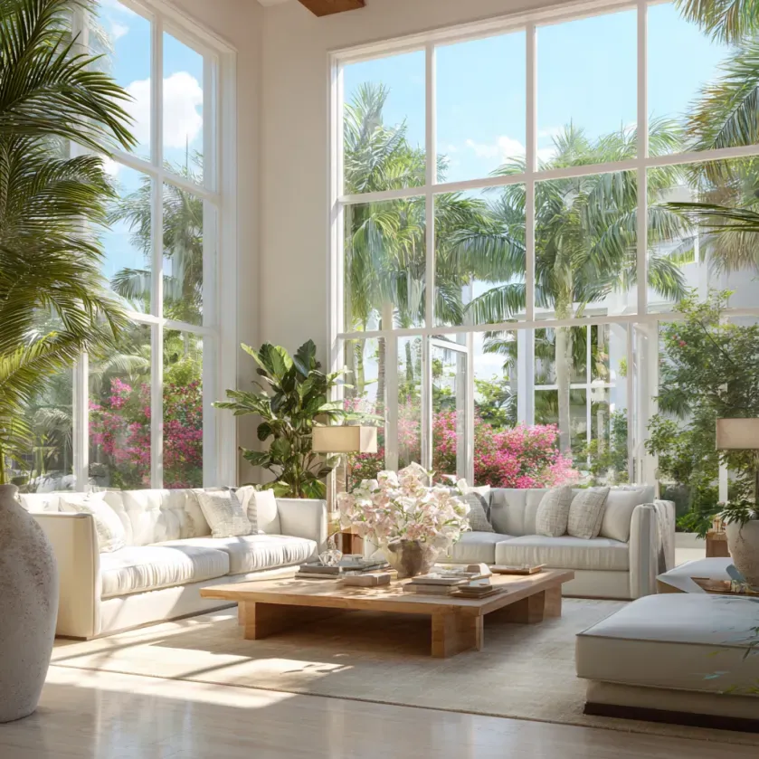 Bright living room with large windows overlooking a garden with palm trees and pink flowers.