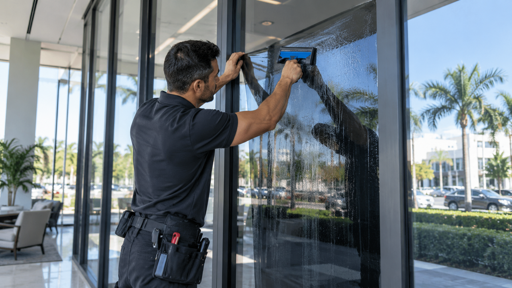 Professional installer applying commercial window tint film to office glass in South Florida