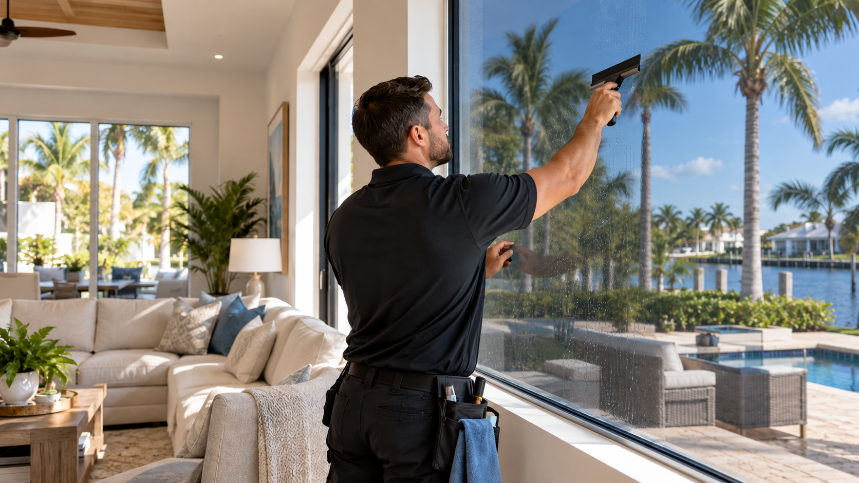 Professional installer applying residential window film to a South Florida home window