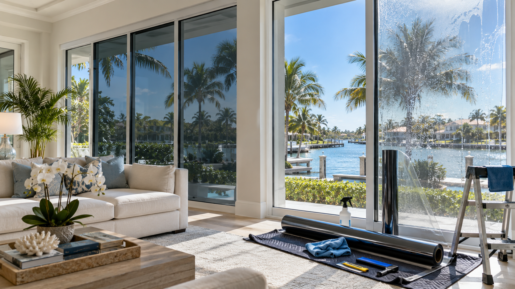 UV protection window film installation in a South Florida home with tinted windows and film equipmen