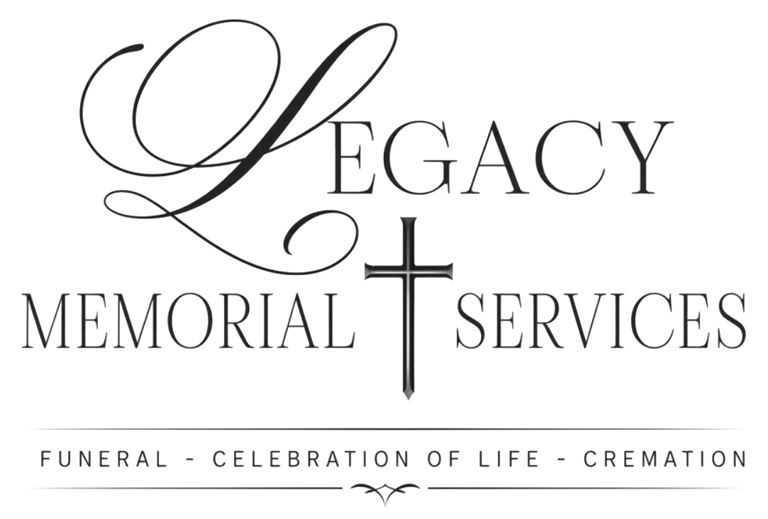 Legacy Memorial Services logo with elegant script, cross, and funeral, celebration of life, and cremation text