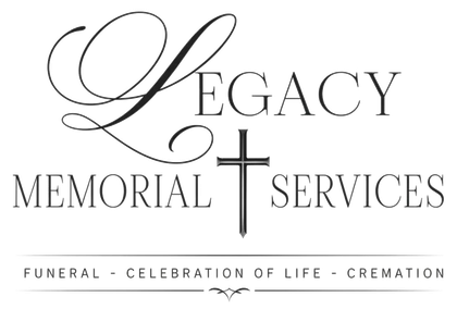 Legacy Memorial Services logo with elegant script, cross, and funeral, celebration of life, and cremation text