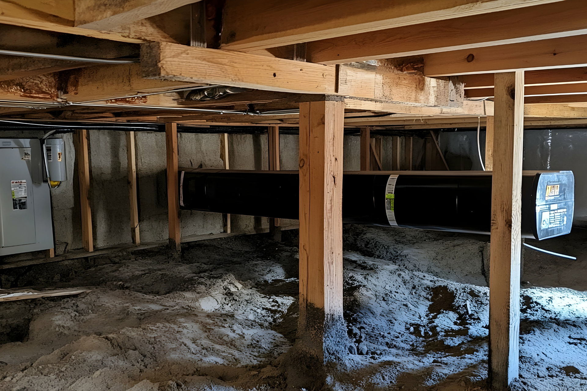 A basement under construction with wooden beams and pipes.