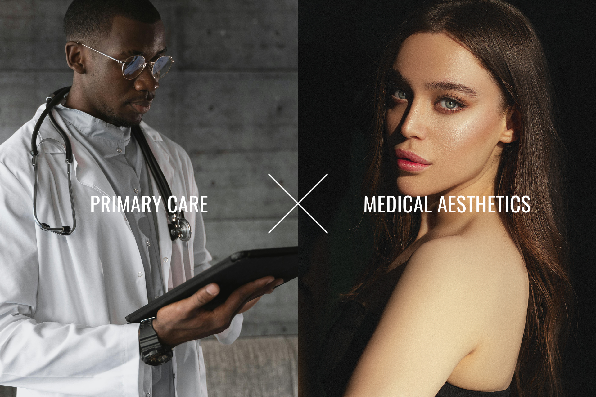 Primary care and medical aesthetics at Gallardo’s Clinic: a provider with a stethoscope beside a woman with glowing skin