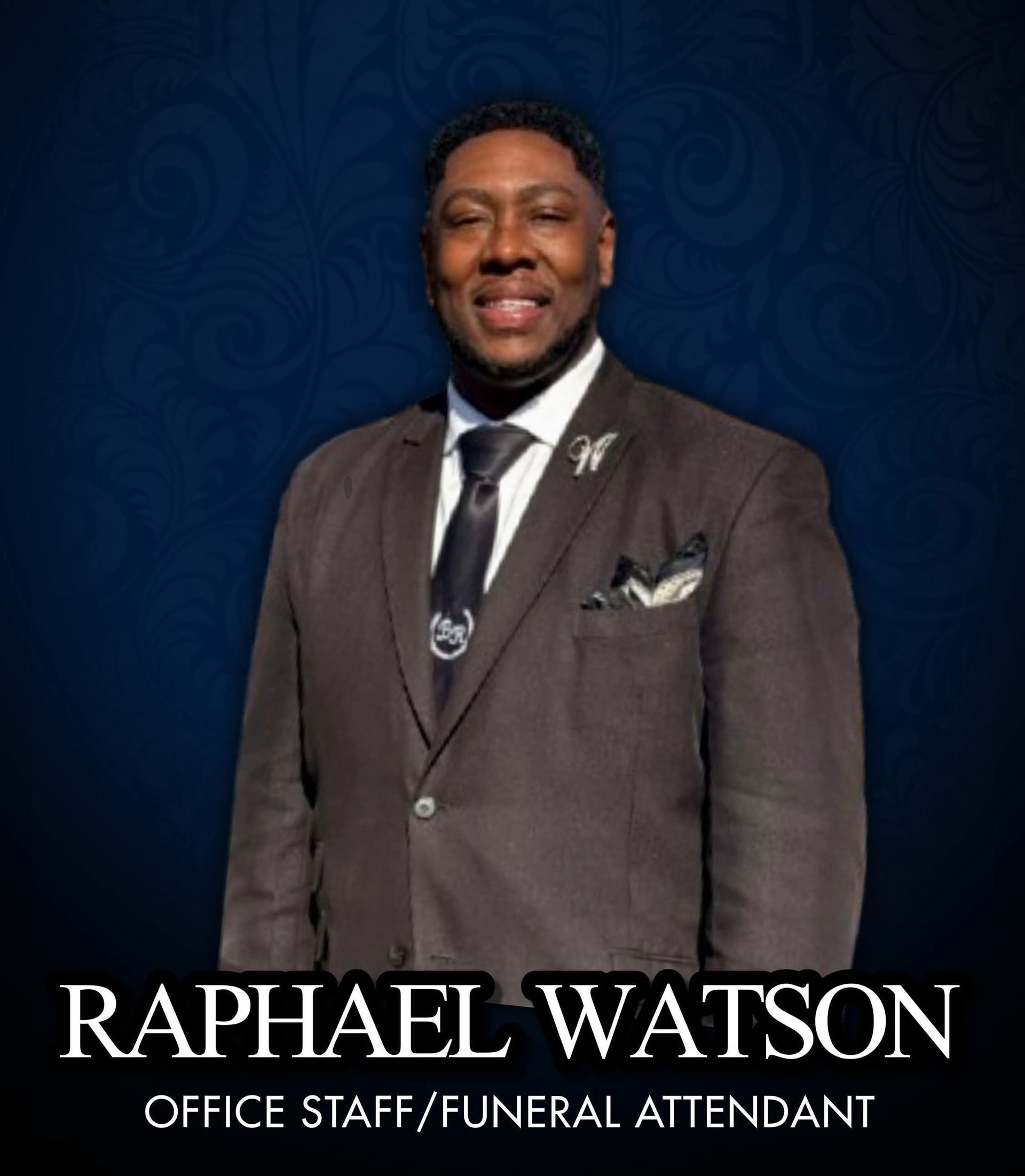Portrait of Raphael Watson in a dark suit on a blue background, labeled “Office Staff/Alumni.”
