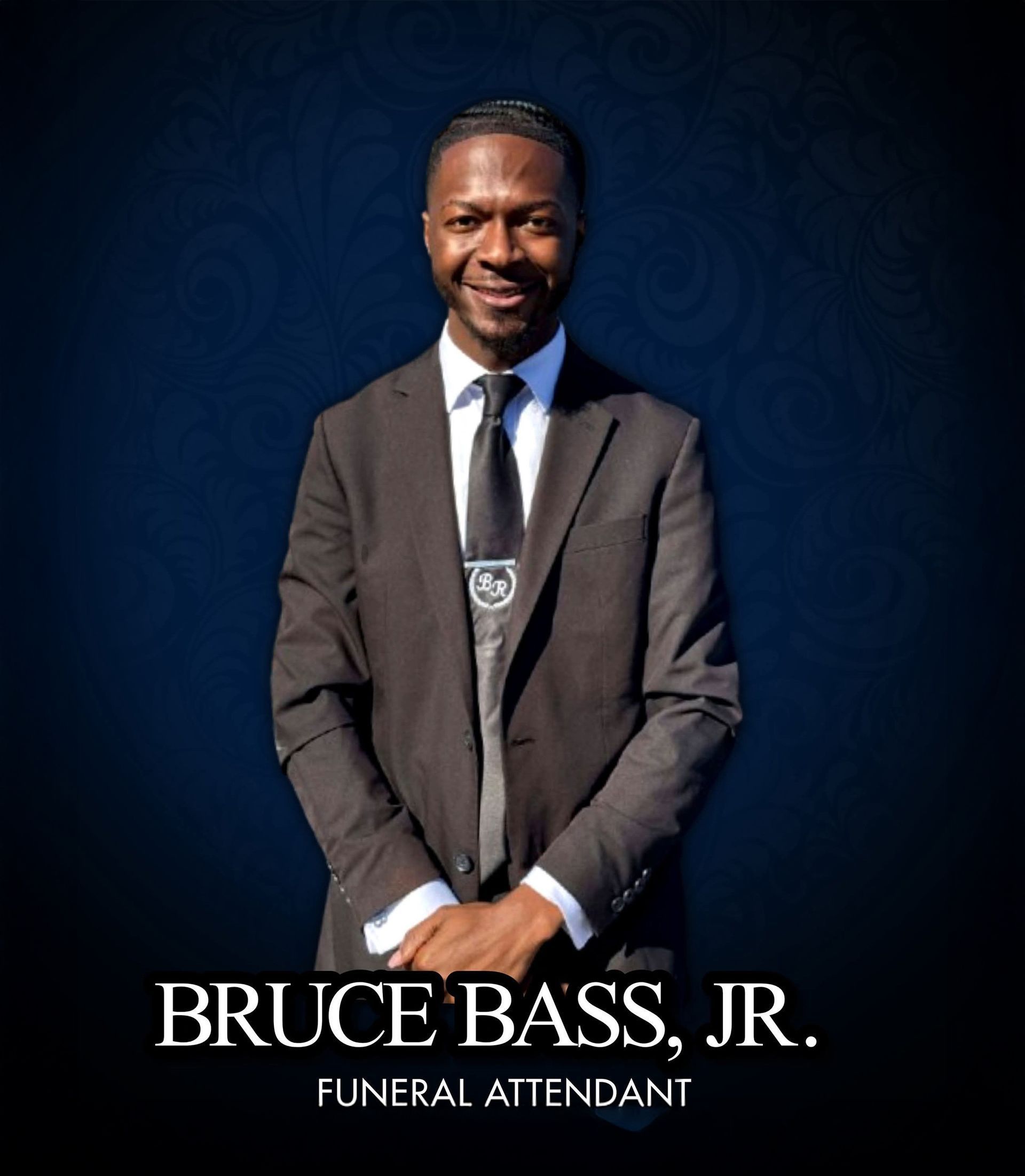 Portrait of Bruce Bass, Jr. in a dark suit on a blue background, with funeral text below.