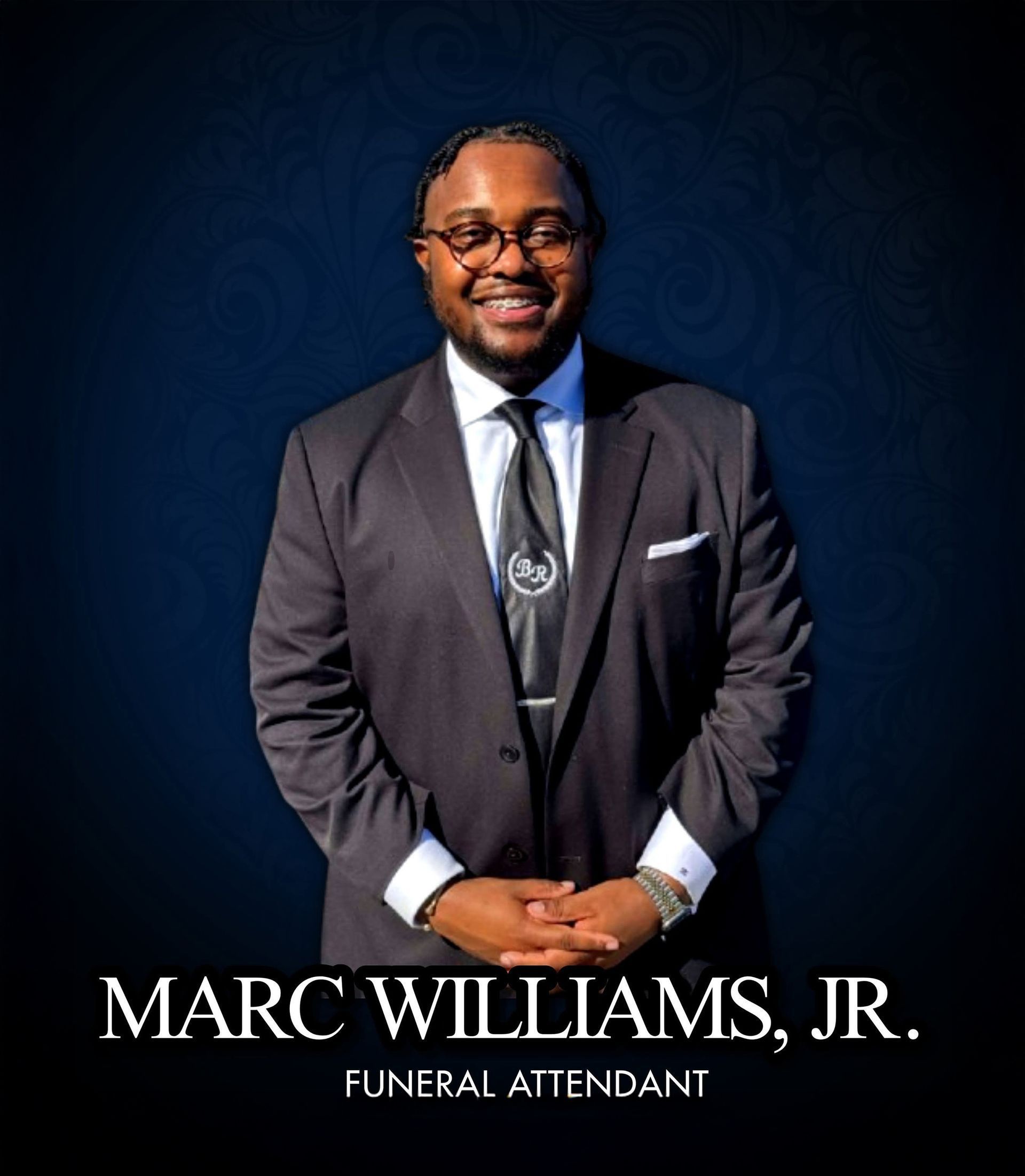 Portrait of Marc Williams Jr. in a dark suit, smiling against a blue background, with funeral attendant text.
