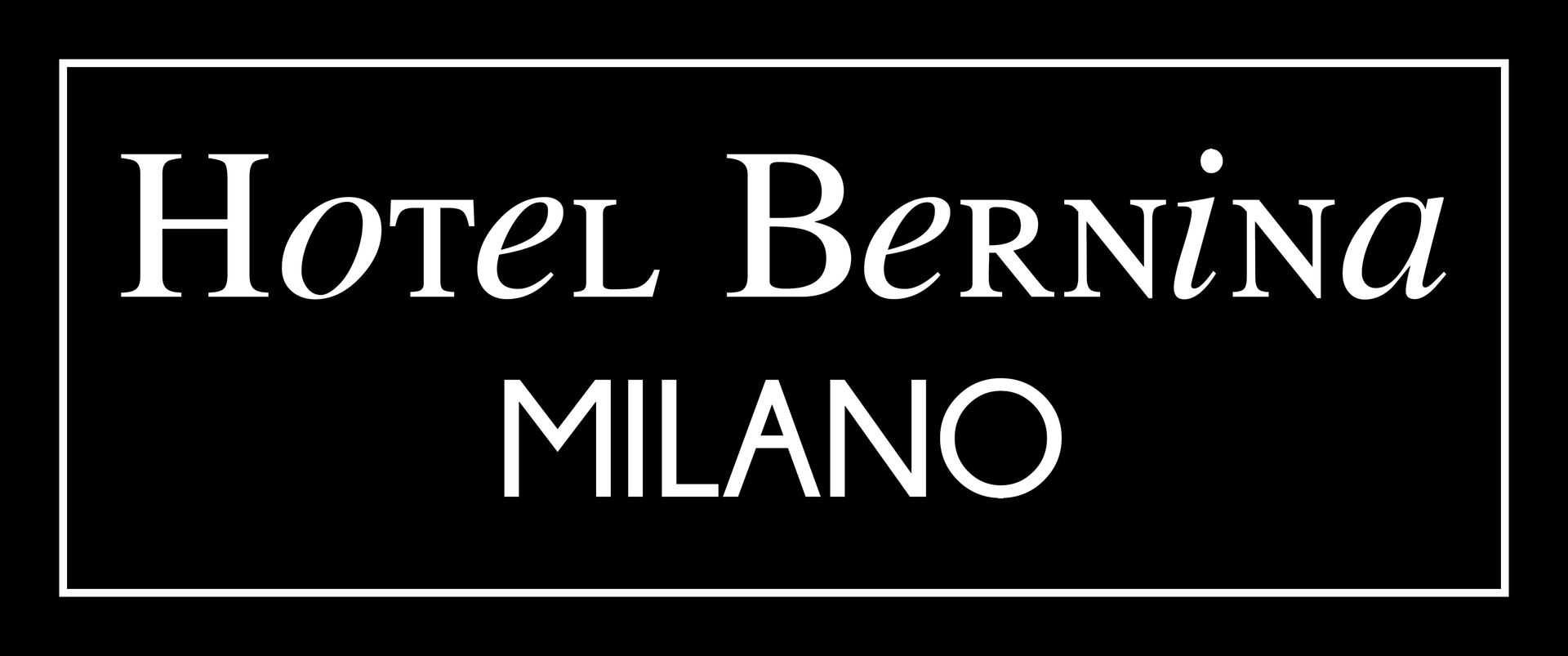 Hotel Bernina Milano logo on black background with white border.