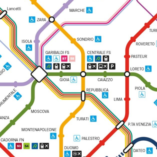 Mapa del metro de Milán con líneas de colores que indican rutas.