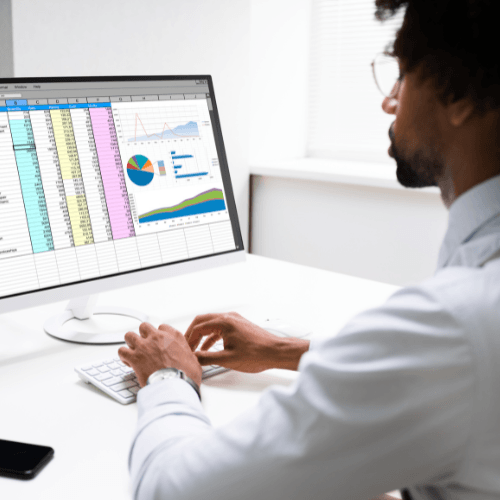 Person working on a computer, viewing spreadsheet with charts and graphs.