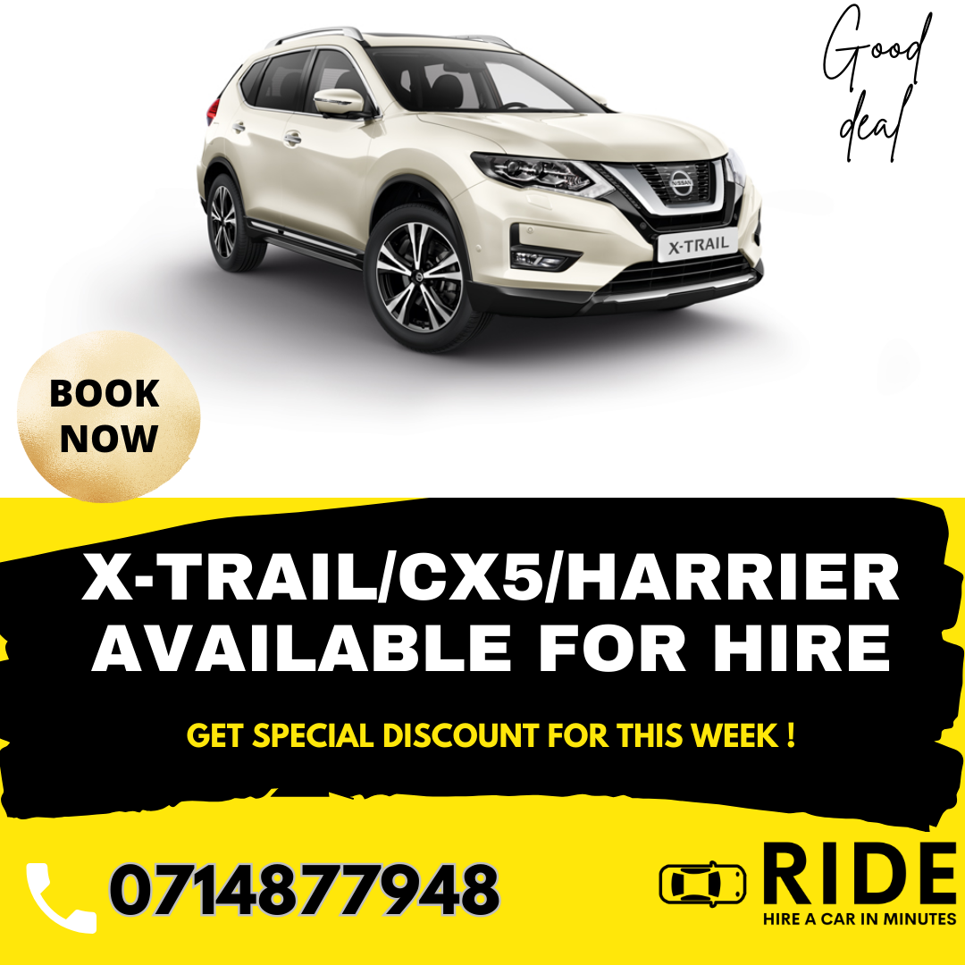 White Nissan X-Trail SUV hire ad with “Book Now,” phone number, and Ride logo on black and yellow banner