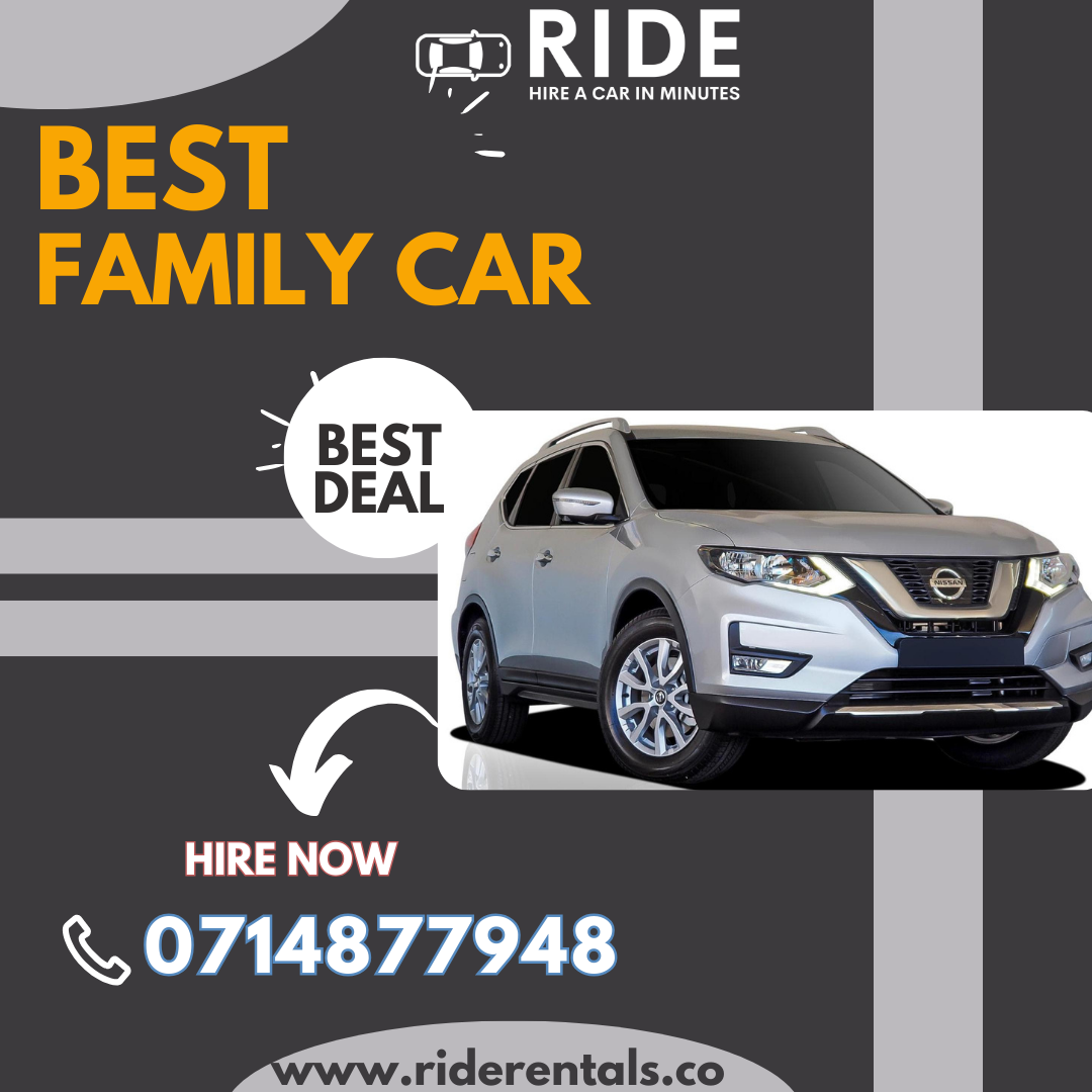 Ride car rental ad for a silver SUV, “Best Family Car” and “Best Deal,” with phone number 0714877948.