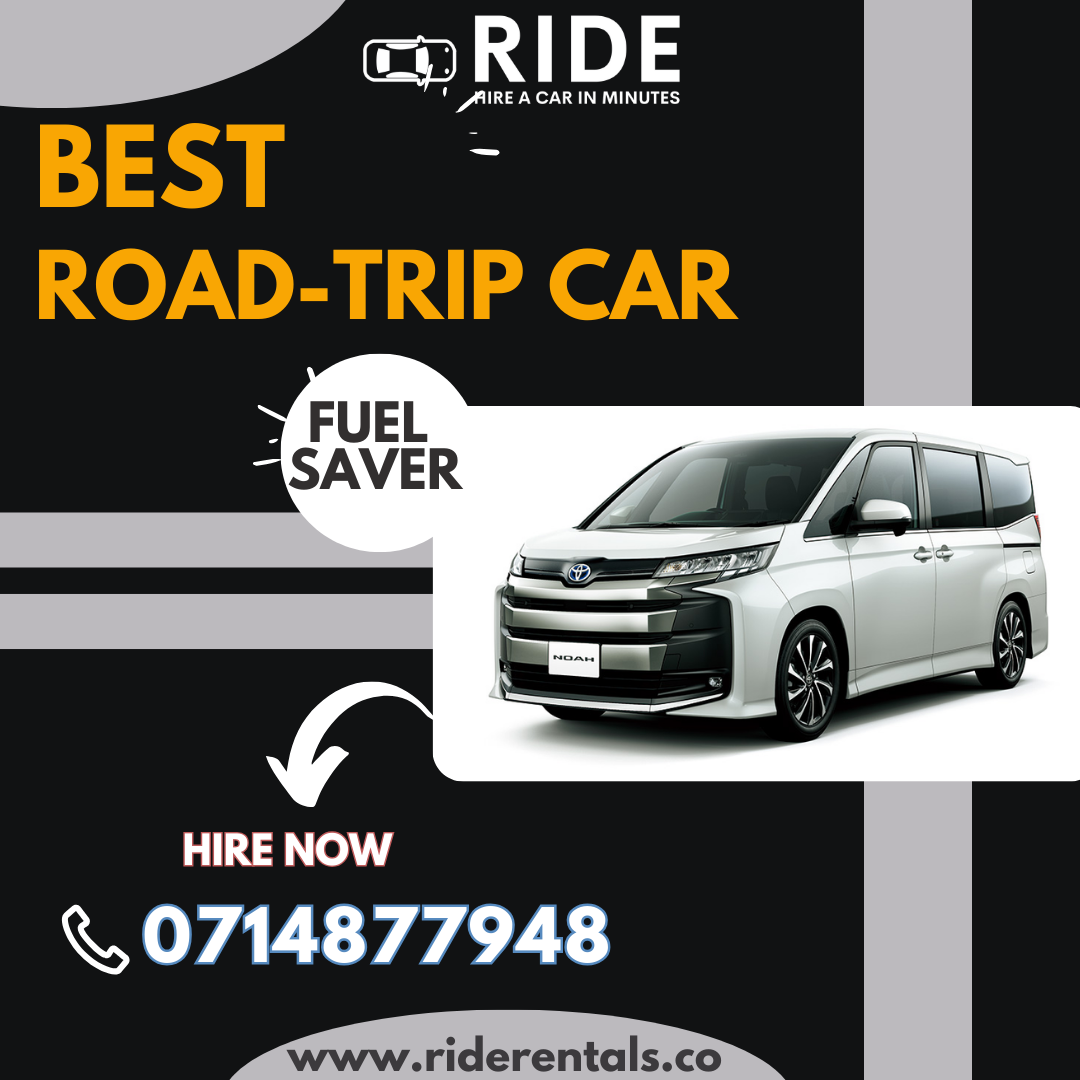 Ride car rental ad promoting a fuel saver road-trip car, with a white minivan and phone number 0714877948.