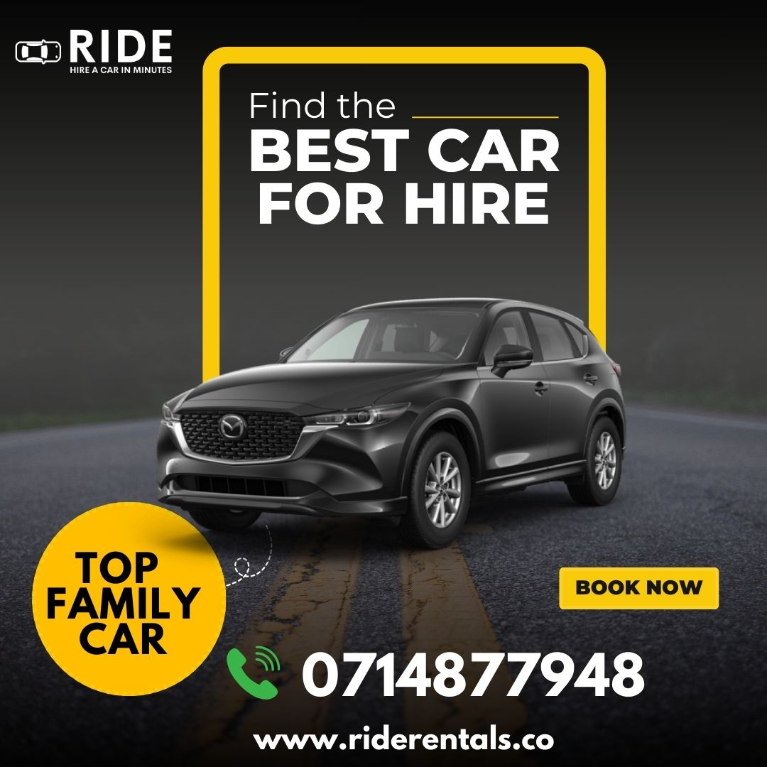 Black SUV car hire ad with “Find the best car for hire,” “Top family car,” phone number, and website on dark background