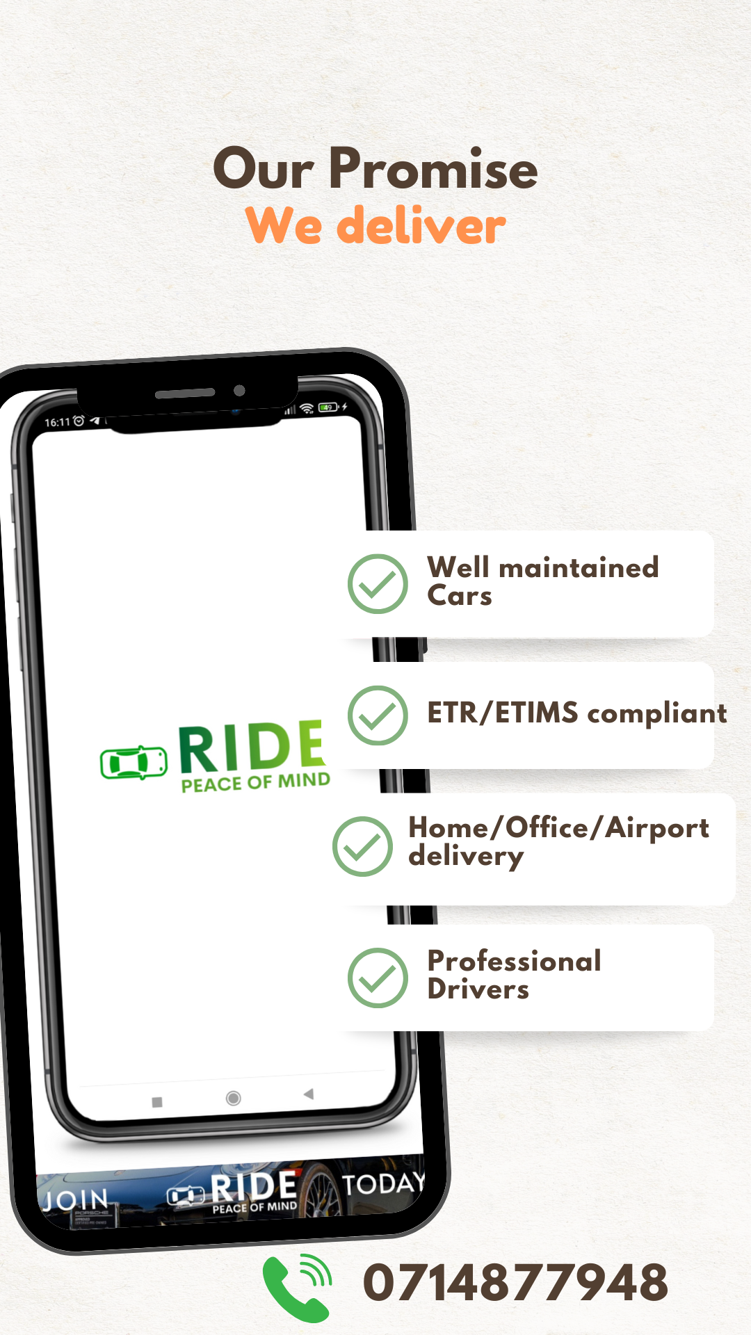 Ride-hailing app ad with smartphone, “Our Promise We deliver,” and service checklist on white background