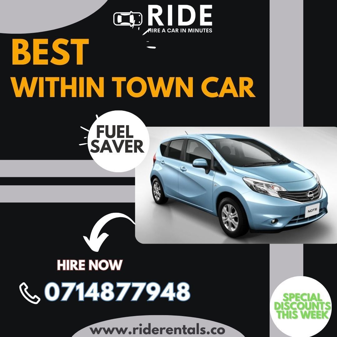 RIDE car hire ad with light blue compact car, “best within town car,” fuel saver, and phone number 0714877948