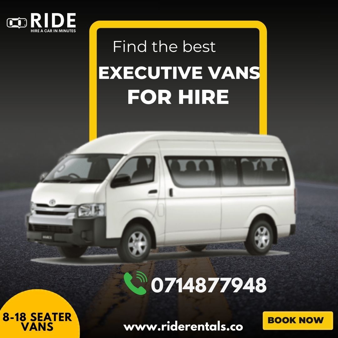 White executive van ad for hire with phone number and booking details on a dark background