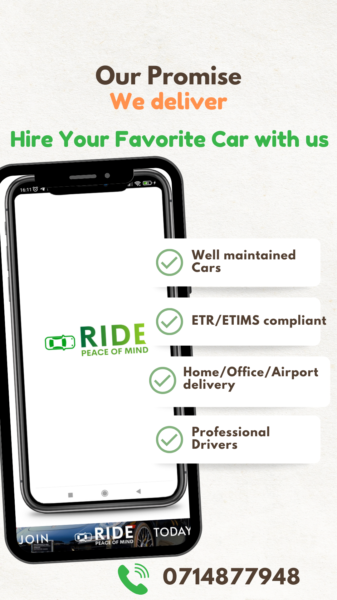 Promotional poster for eRide delivery service with black car and claims of rental, ET/RTNS compliance, and driver professionalism