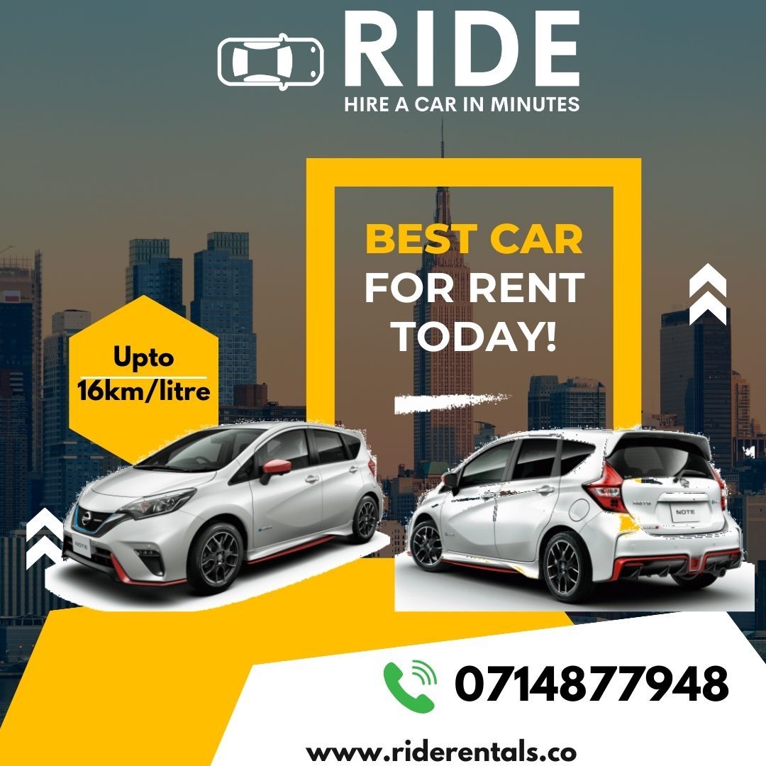 Ride car rental ad with two white cars, “Best car for rent today,” and contact number 0714877948.