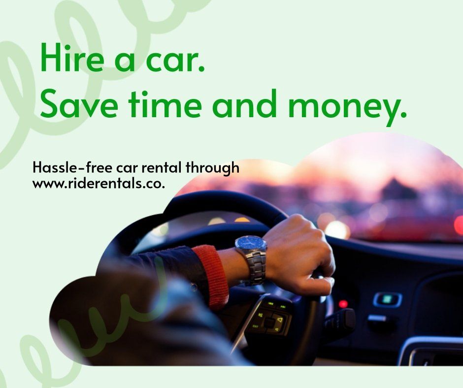 Car rental ad with driver on road and text: “Hire a car. Save time and money.”