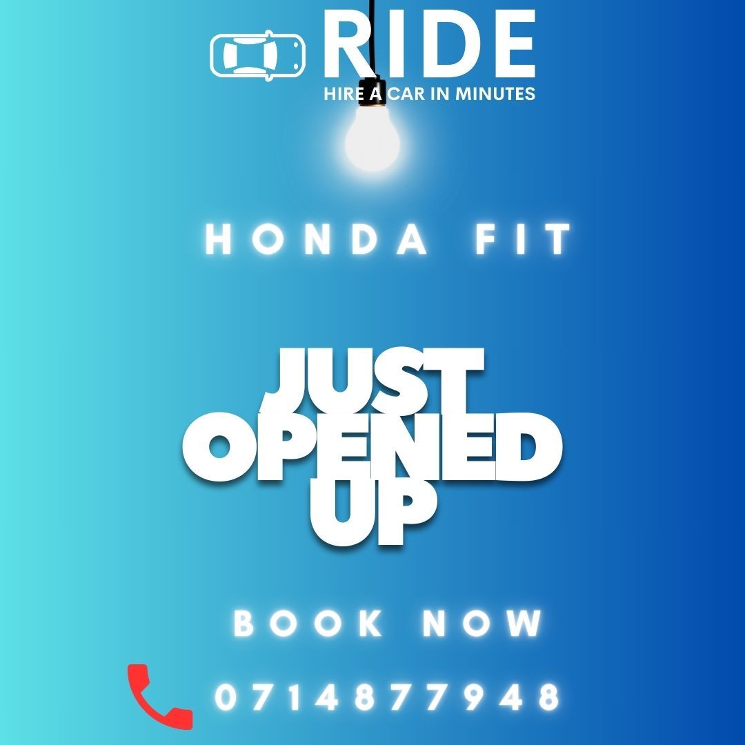 Blue car rental ad for Honda Fit with “Just Opened Up,” “Book Now,” and phone number 0714877948.