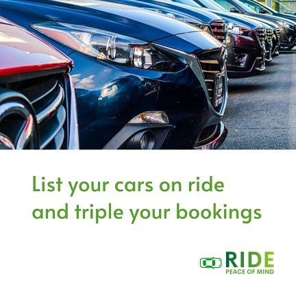 Row of parked cars above ad text: “List your cars on ride and triple your bookings”
