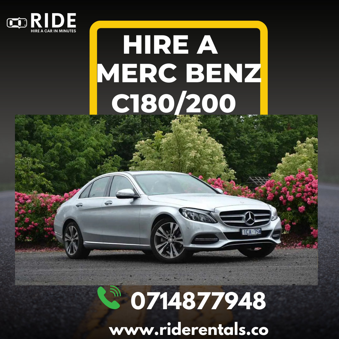 Ad for hiring a silver Mercedes C180/200, with phone number and ridedirect.co logo.