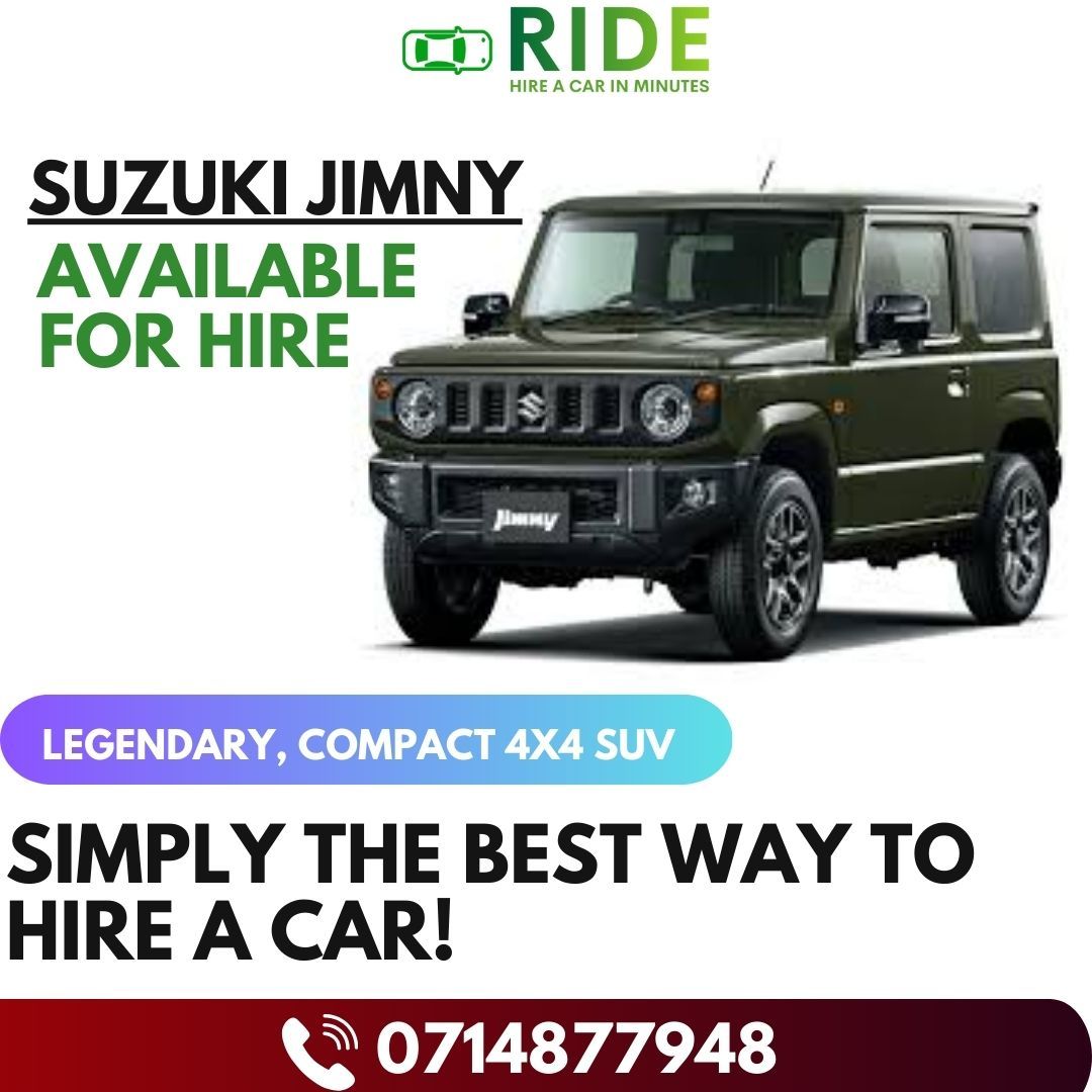 Suzuki Jimny available for hire ad with green 4x4 SUV, logo, and contact number 0714877948