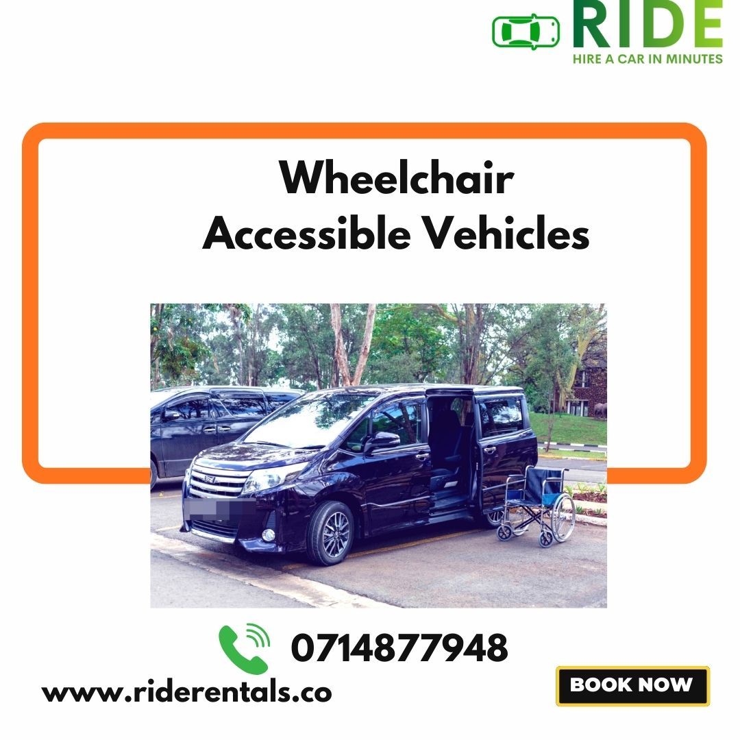 Wheelchair accessible van with side ramp, orange-framed ad for RIDE car rentals, phone and website shown