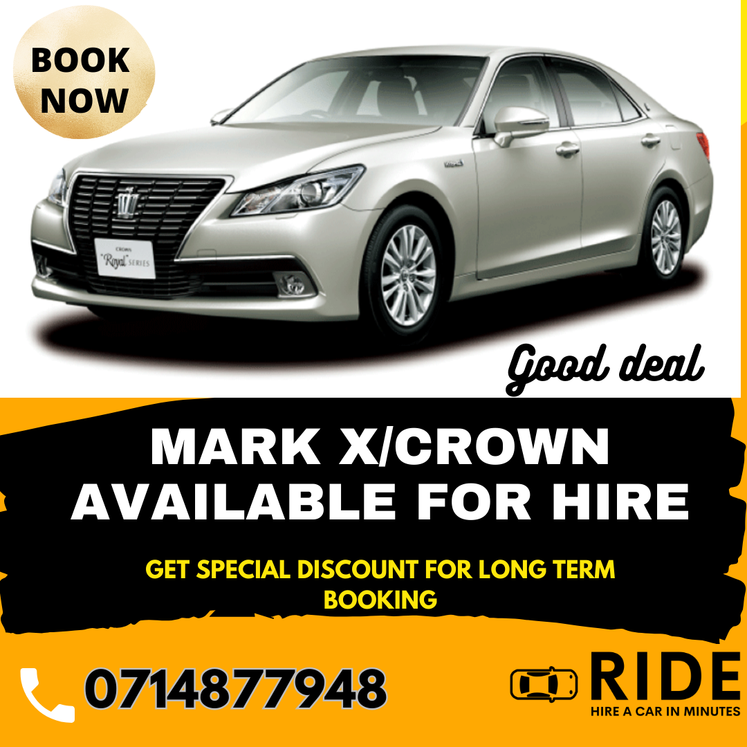 Silver Toyota Mark X/Crown taxi ad with book now, ride logo, and phone number 0714877948