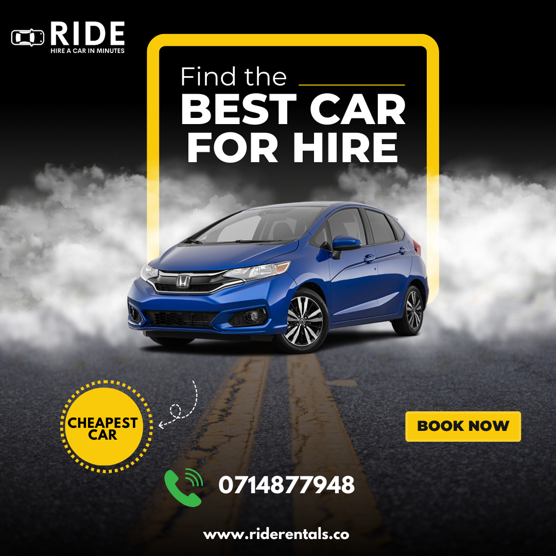 Blue car hire ad with “Find the best car for hire,” booking button, phone number, and Ride logo