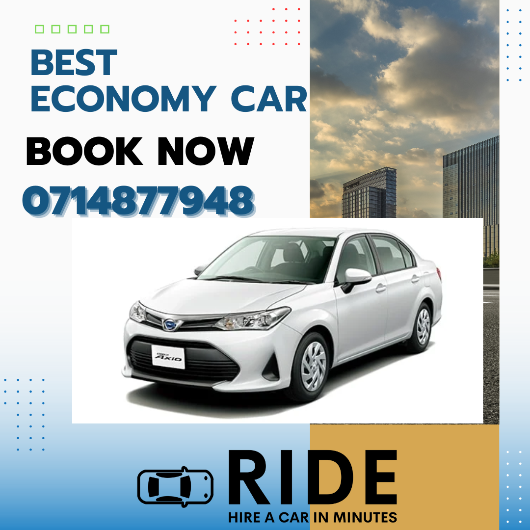 Best economy car ad with book now, phone number, and white sedan by Ride car rental