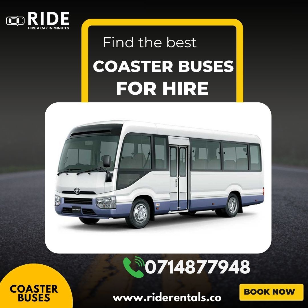 Ad for coaster buses for hire with a white minibus, phone number, and book now button on dark background