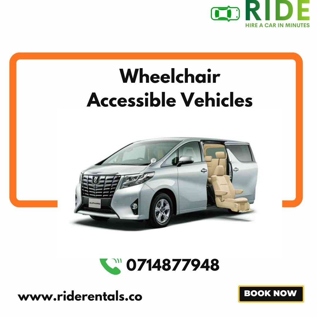 Wheelchair accessible vehicle rental ad with silver van, phone number, website, and Book Now button