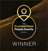 The Business Travel People Awards 2024 winner badge on a black and gold background