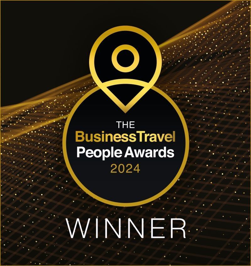 The Business Travel People Awards 2024 winner badge on a black and gold background