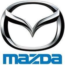 Mazda logo with silver emblem above blue wordmark on a white background