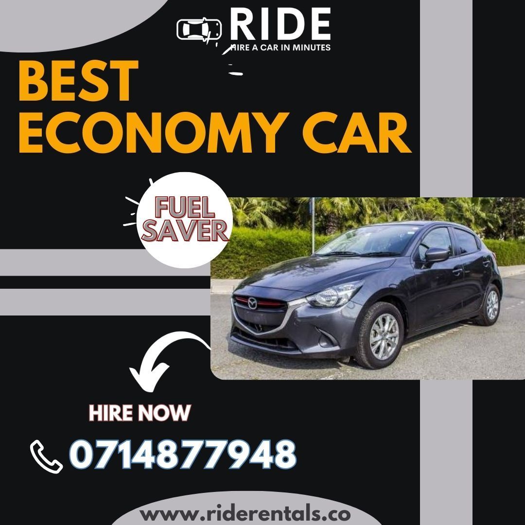 Ride car rental ad for best economy car and fuel saver, showing a dark sedan, hire now with phone number.
