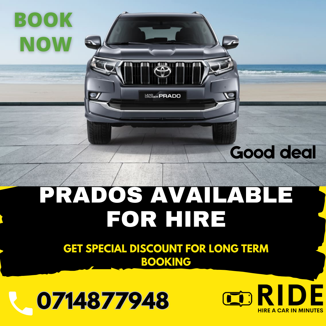 Toyota Prado rental ad with silver SUV, “Book Now,” “Prados Available for Hire,” and phone number 0714877948